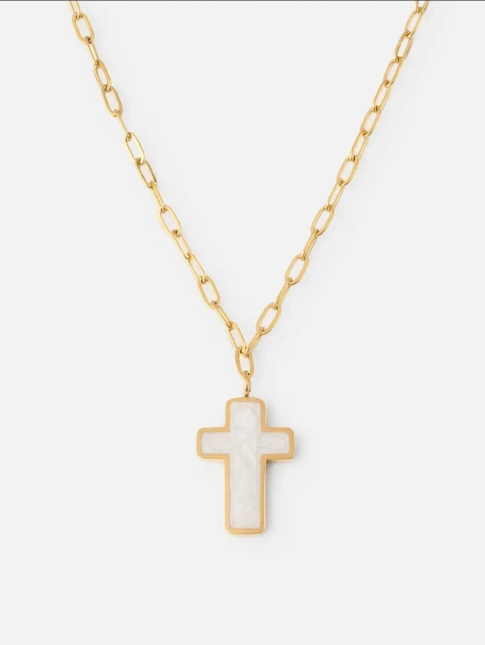 Gold-Tone Cross Necklace with Mother-of-Pearl Inlay
